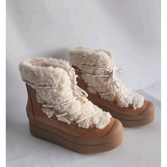 Tory Burch Courtney Round Toe Leather Shearling Platform Lace-up Boots Size 6M - Picture 4 of 8
